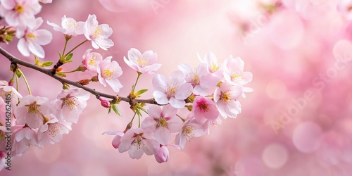 Blooming cherry blossoms against a soft pink background with subtle branches and leaves, bloom, botanical, beautiful, vibrant
