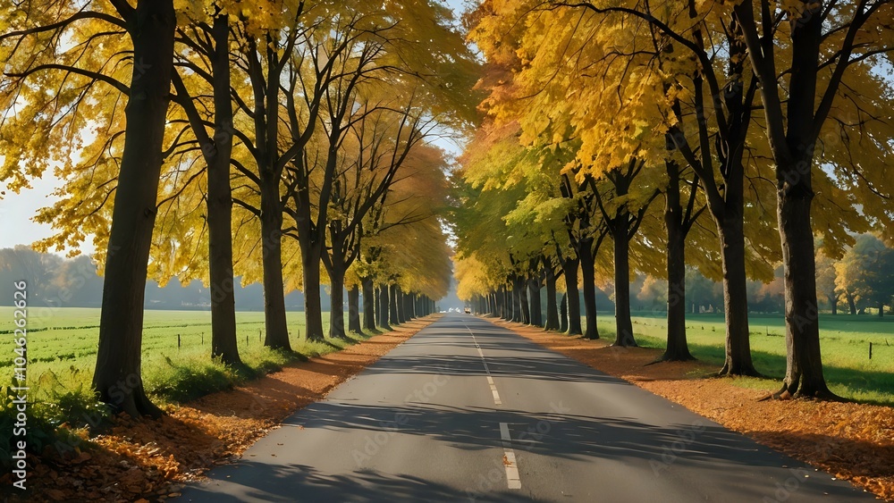 Naklejka premium This straight village road is surrounded by trees colorful with autumn leaves. 