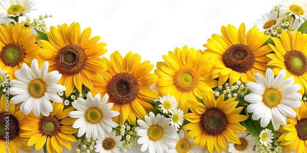 Bold sunflower and daisy arrangement creating a statement border, garden beauty, flower borders, bright colors, daisies Bold sunflower and daisy arrangement creating a statement border, garden beauty, flower borders, bright colors, daisies