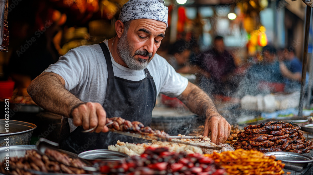 Obraz premium Turkish street food vendors grilling kebabs and preparing a lively Istanbul market, with the scent of spices filling the air