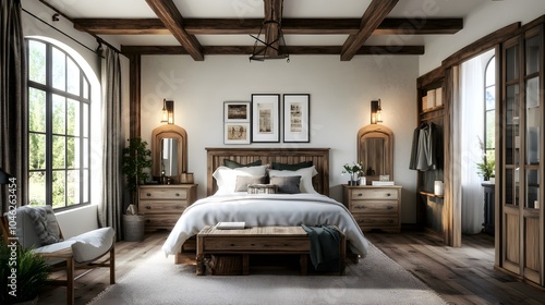 Luruxy rural modern farmhouse master bedroom with historic wood beams and features. cozy bedroom. Ultra realistic. Photorealistic