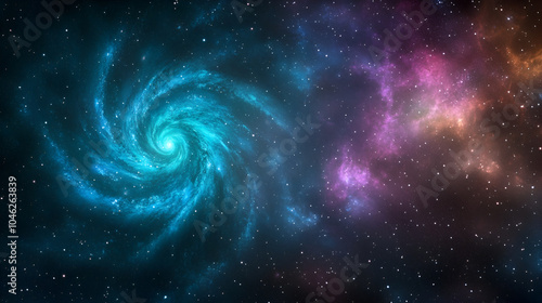 A vibrant spiral galaxy swirling with shades of blue, purple, and turquoise against a starry background in deep space