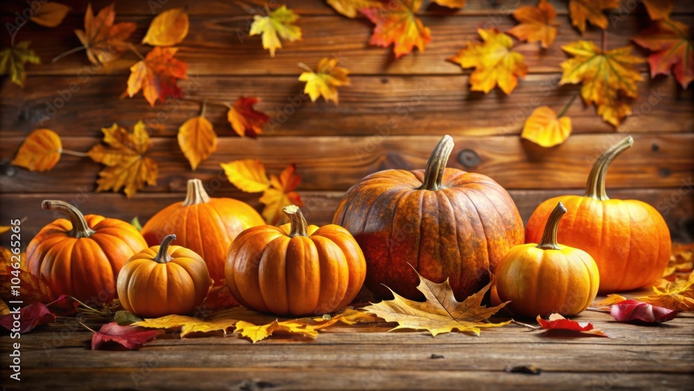 Vibrant pumpkins on rustic wooden surface surrounded by falling autumn leaves, evoking cozy fall atmosphere Vibrant pumpkins on rustic wooden surface surrounded by falling autumn leaves, evoking cozy fall atmosphere