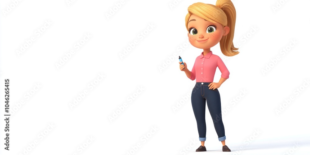A 3D Cartoon Girl Holding a Blue Marker A 3D Cartoon Girl Holding a Blue Marker