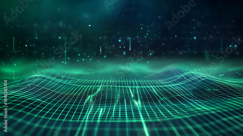 Dynamic green grid pattern illustrating digital waves flowing through a dark background