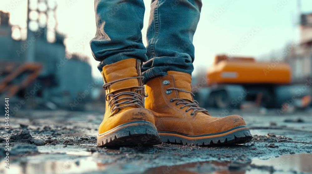 Work Boots on a Construction Site Work Boots on a Construction Site