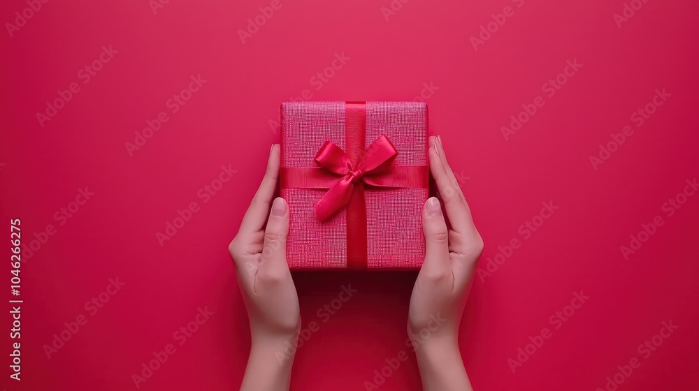 Two hands gently folding a piece of festive wrapping paper for a gift on a vibrant red background Two hands gently folding a piece of festive wrapping paper for a gift on a vibrant red background