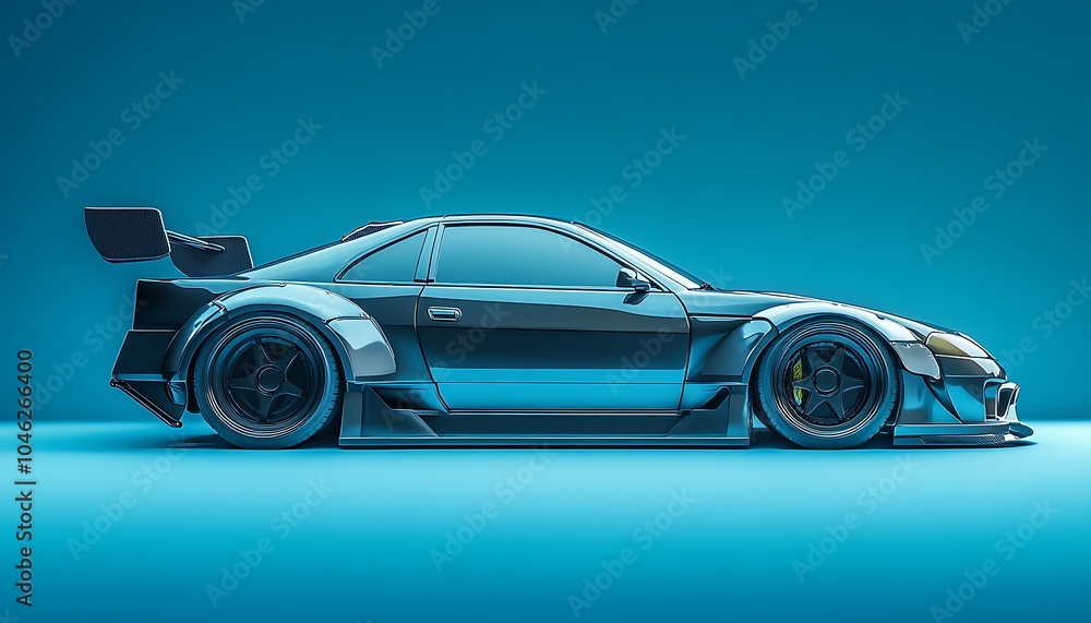 A stylized sports car with a sleek design and prominent aerodynamic features. A stylized sports car with a sleek design and prominent aerodynamic features.