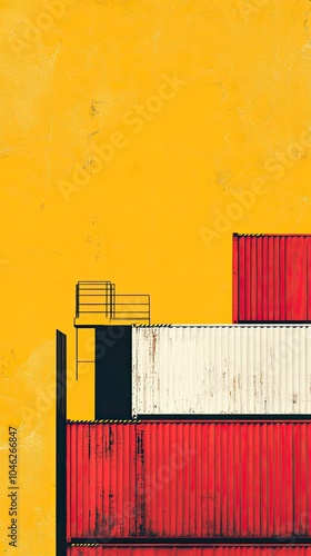 Abstract composition of shipping containers against a vibrant yellow background, showcasing bold colors and modern design. photo