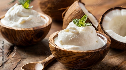 Coconut ice cream scoops in wooden bowls with fresh mint and halved coconut on wooden table.