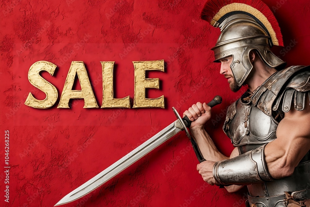 Obraz premium Gold 'Sale' sign and a Roman centurion on red background. Holiday sales, shopping and history concept. Fantasy illustration for banner, poster, advertising