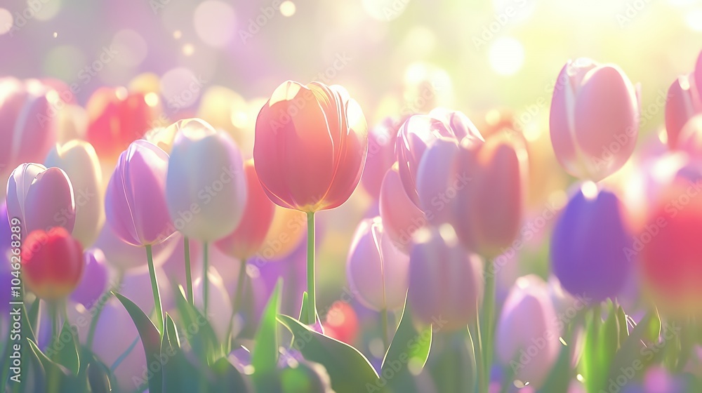 A field of colorful tulips bathed in soft, warm sunlight. A field of colorful tulips bathed in soft, warm sunlight.