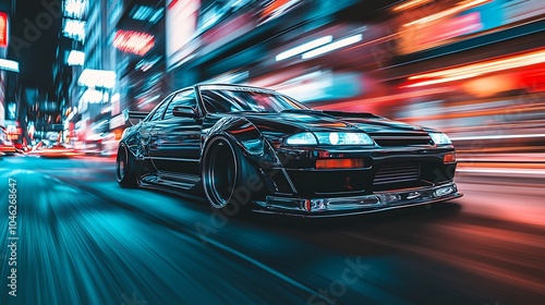 A sleek black car speeds through a vibrant cityscape at night, showcasing motion and energy.
