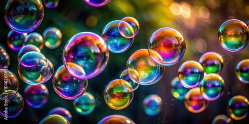 Rainbow soap bubbles floating in the air on a dark blurred background, bubbles, colors, vibrant, playful, happiness, joy