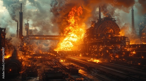 A fiery industrial scene depicting destruction and chaos.