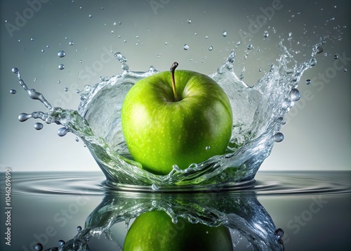 A crisp green apple dives into transparent water, generating lively ripples and droplets that dance energetically, embodying a refreshing burst of natureâ€™s vigor.