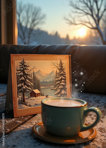 Christmas Card and Hot Drink by Frosted Window