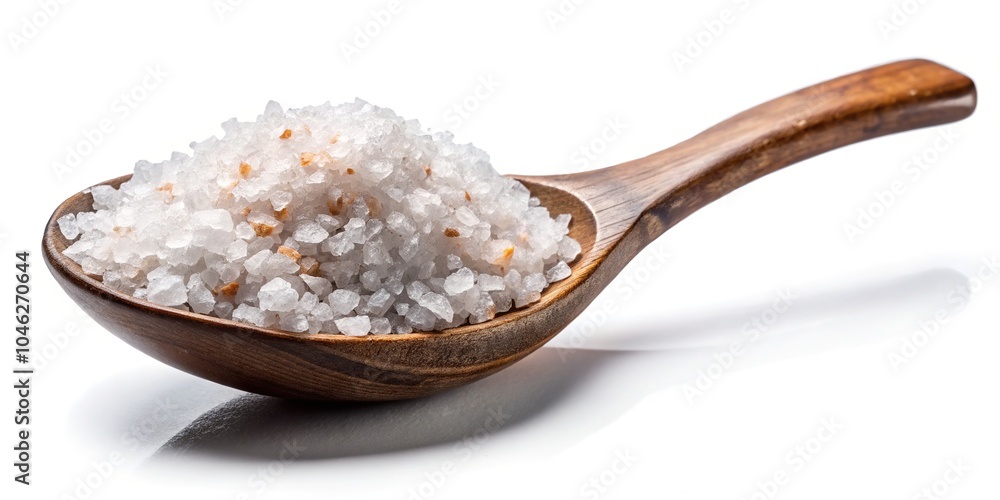 A rustic spoon overflowing with sea salt, isolated on a clean white backdrop, symbolizes culinary artistry, enhancing flavors and enriching the dining experience with gourmet touches. A rustic spoon overflowing with sea salt, isolated on a clean white backdrop, symbolizes culinary artistry, enhancing flavors and enriching the dining experience with gourmet touches.