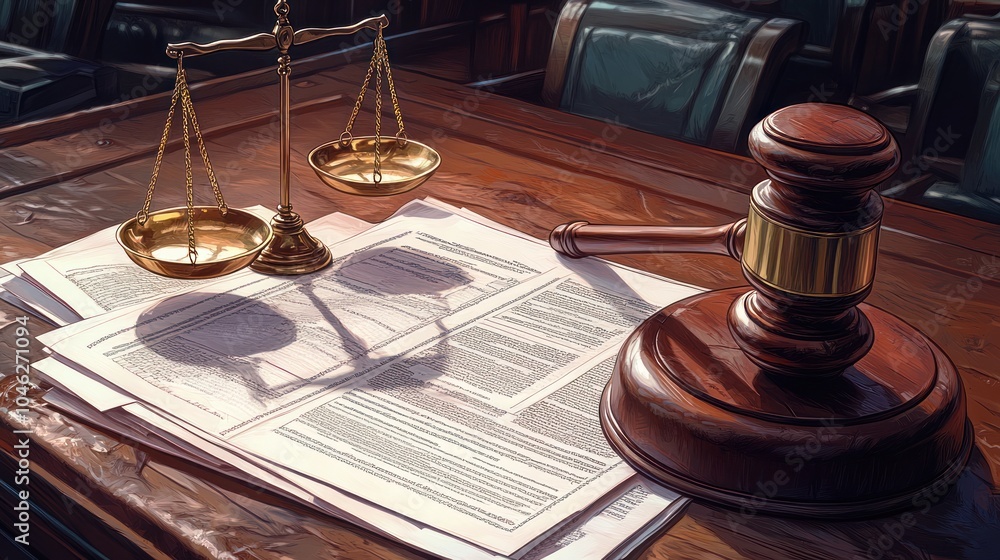 A gavel and scales of justice on legal documents in a courtroom. A gavel and scales of justice on legal documents in a courtroom.