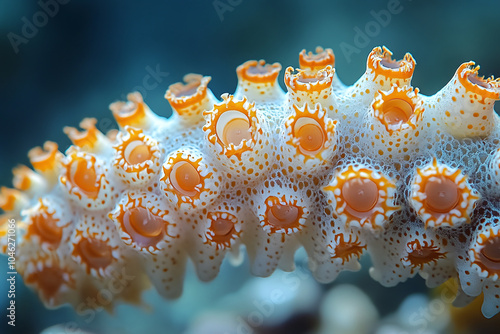 Close-up of a sea cucumber, focusing on its rough texture and elongated body. photo