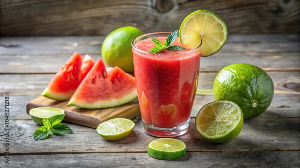 Healthy watermelon lime smoothie with fresh watermelon in forced perspective Healthy watermelon lime smoothie with fresh watermelon in forced perspective