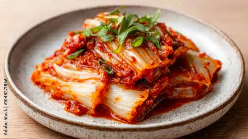 A plate of kimchi, showcasing fermented vegetables in a spicy sauce, garnished with herbs. A plate of kimchi, showcasing fermented vegetables in a spicy sauce, garnished with herbs.