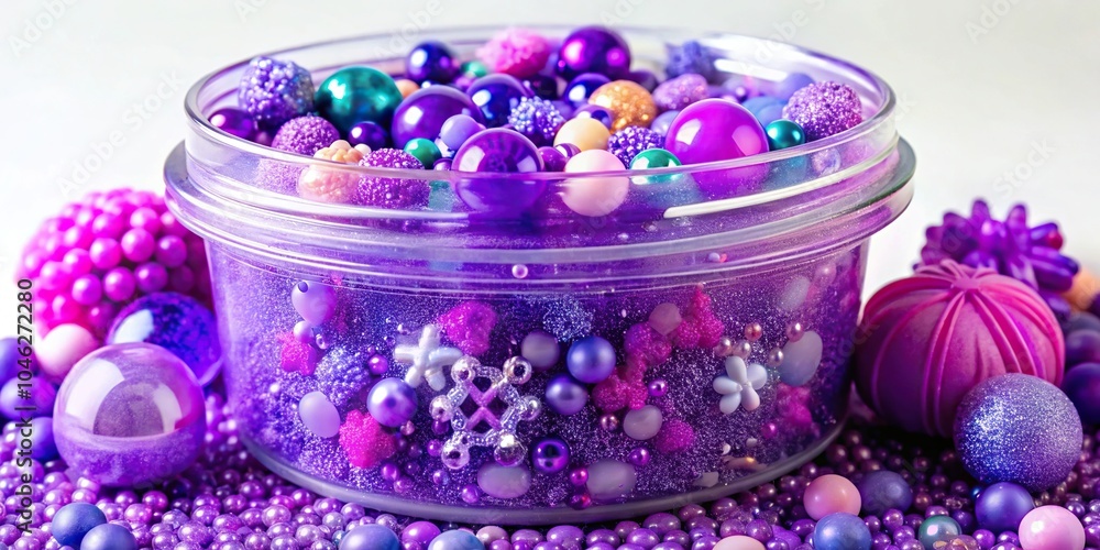 Large container of purple slime with various shapes and sizes of beads and objects mixed in, purple, slime, craft supplies, mixing Large container of purple slime with various shapes and sizes of beads and objects mixed in, purple, slime, craft supplies, mixing