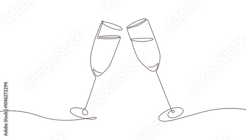 Two Wine Glasses Continuous One Line Drawing. Abstract Minimal Black Line Art Drawing Of Champagne Glasses. Vector Holiday Illustration for Minimalistic Design.