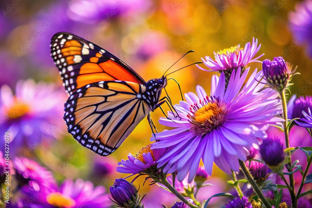 Amidst a colorful summer scene, a Monarch butterfly sips nectar from a purple aster, framed by the rich hues of blooming autumn flowers. Amidst a colorful summer scene, a Monarch butterfly sips nectar from a purple aster, framed by the rich hues of blooming autumn flowers.