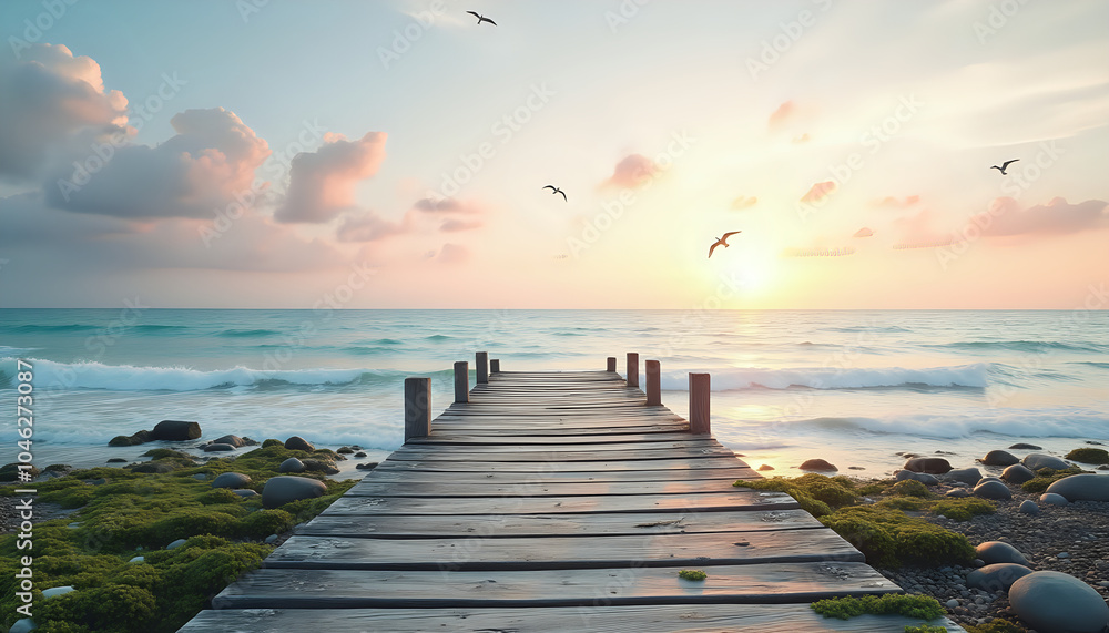 Fototapeta premium Wooden dock leading to a calm sea at sunrise