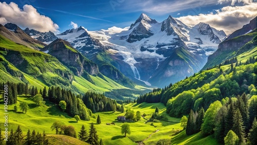 majestic alpine landscape silhouette with lush green valley and snow capped peak