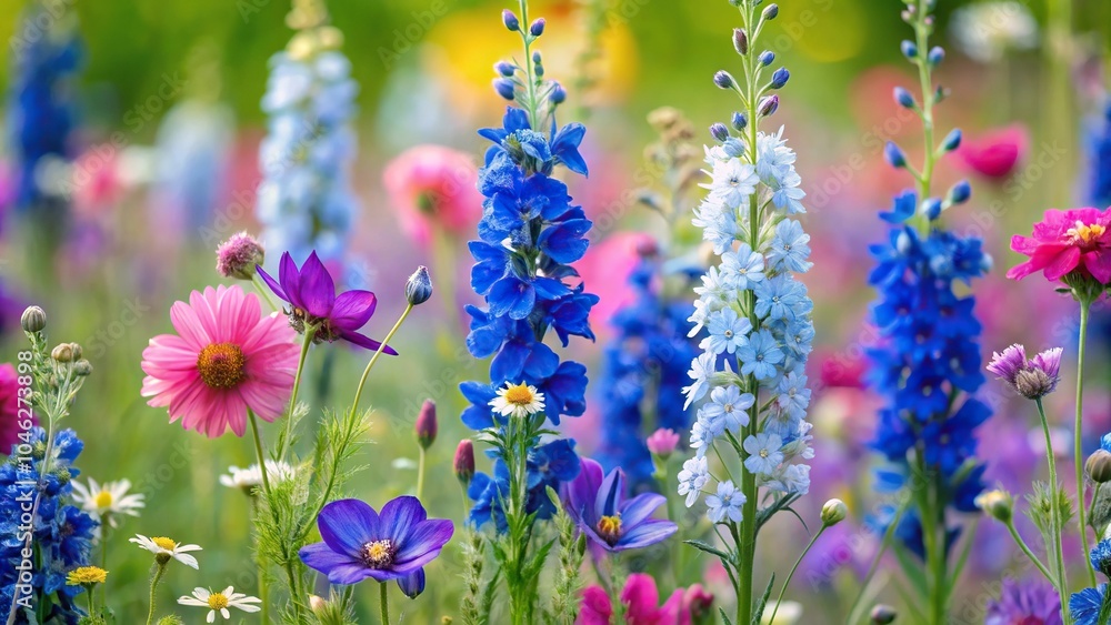 Fototapeta premium Meadow with delphinium, snapdragon, cosmo flower, cornflower, macro shot