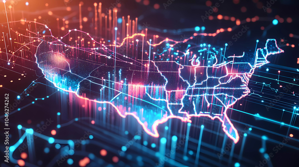 Digital map of USA, concept of North America global network and connectivity, data transfer and cyber technology, information exchange and telecommunication Generative AI Digital map of USA, concept of North America global network and connectivity, data transfer and cyber technology, information exchange and telecommunication Generative AI