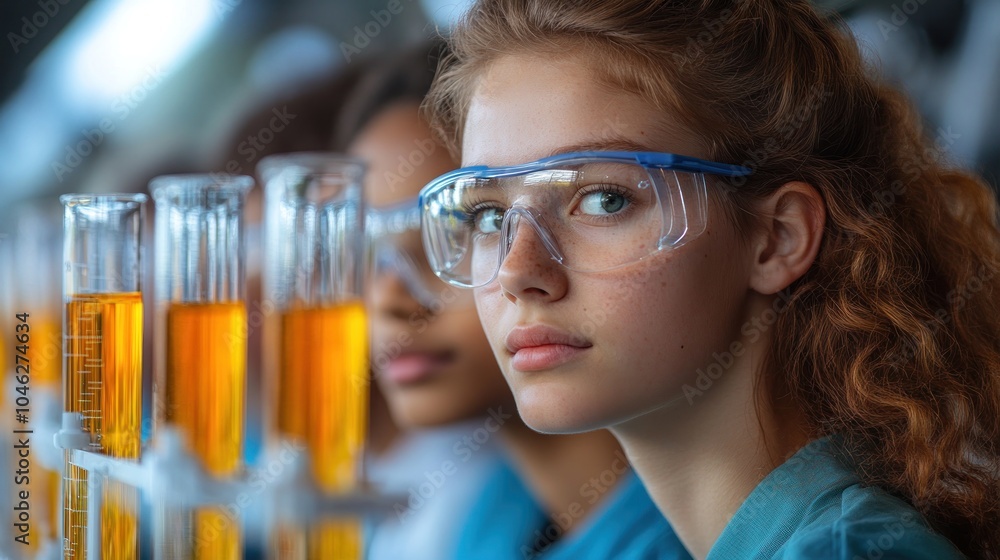 Students conducting experiments in a laboratory with test tubes. Students conducting experiments in a laboratory with test tubes.