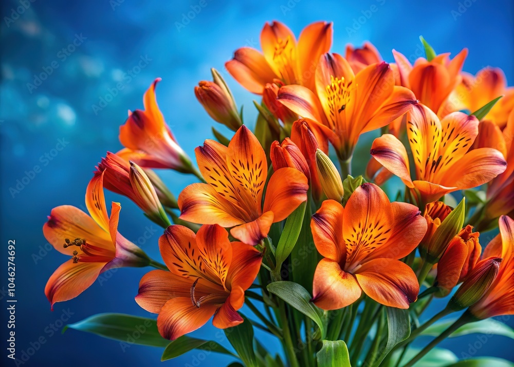 Fototapeta premium Bright blue background showcases vibrant orange Alstroemeria, forming an eye-catching floral display that's ideal for decorative purposes and adding a lively touch.