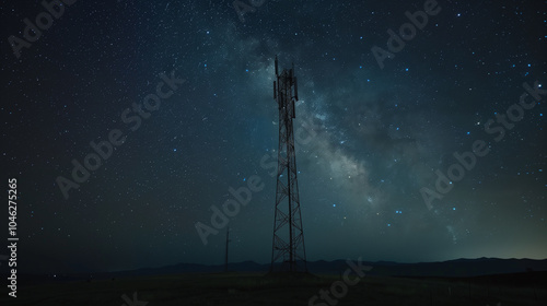 Communication Tower Silhouetted against Starry Night Sky with Milky Way