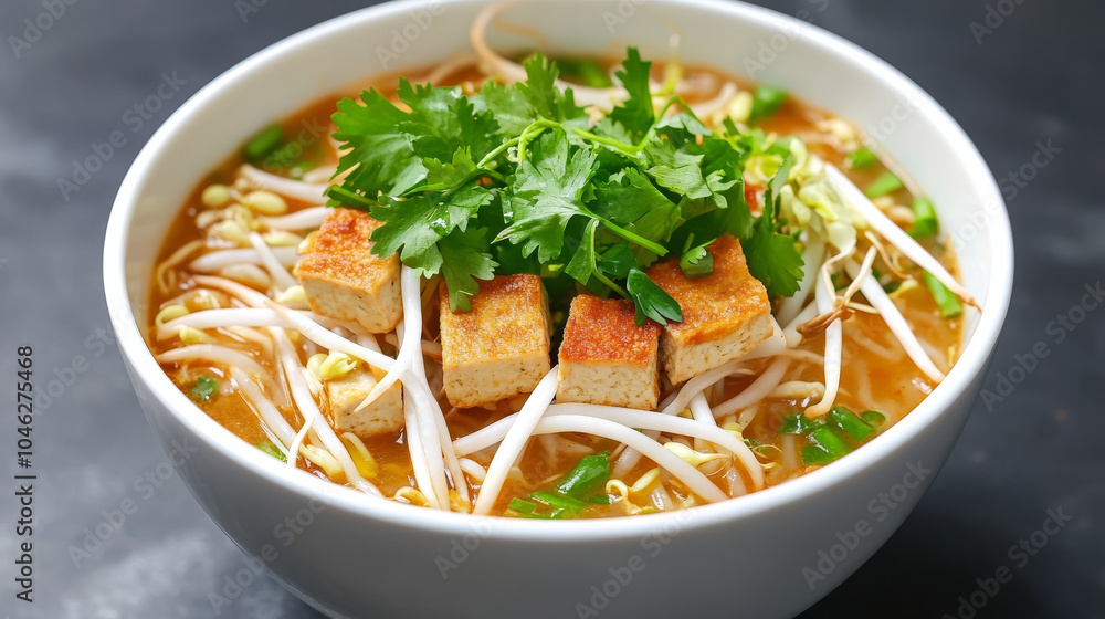 bowl of steaming hot vegan Thai noodle soup featuring tofu, bean sprouts, and fresh cilantro. This dish is vibrant and full of flavor, perfect for comforting meal bowl of steaming hot vegan Thai noodle soup featuring tofu, bean sprouts, and fresh cilantro. This dish is vibrant and full of flavor, perfect for comforting meal
