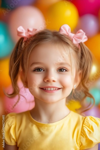 A little girl with a pink bow in her hair smiles at the camera