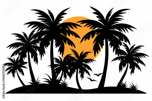 sunset with palm silhouettes white background