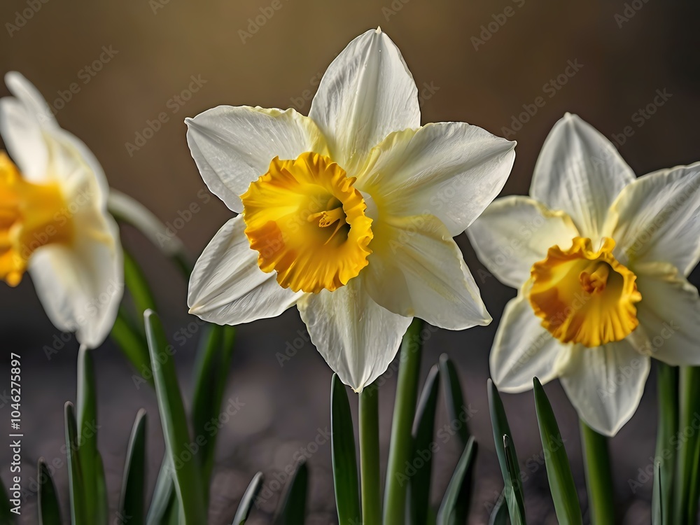 close up photo of white and yellow narcissus or daffodil flowers in a flower garden close up photo of white and yellow narcissus or daffodil flowers in a flower garden