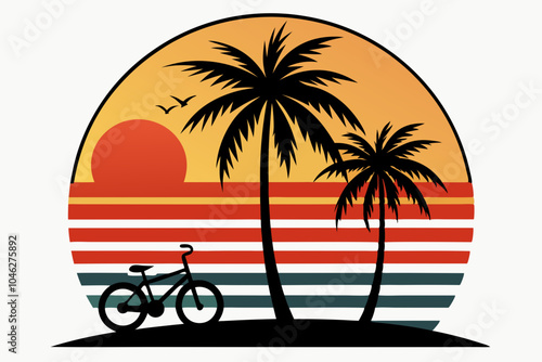 Flat sunset background with palm trees Silhouette of Man Riding Bicycle Against Nature Background