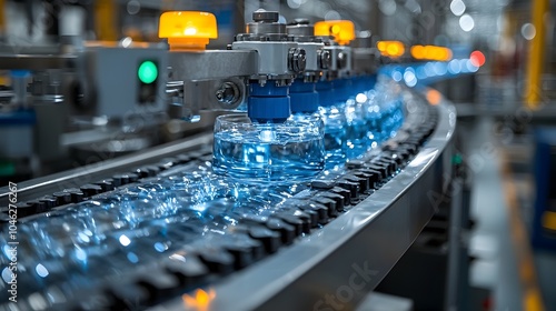 Fully Automated Water Filter Production Line in a Smart Manufacturing Facility with Visible IoT Sensors and Space for Branding or Messaging