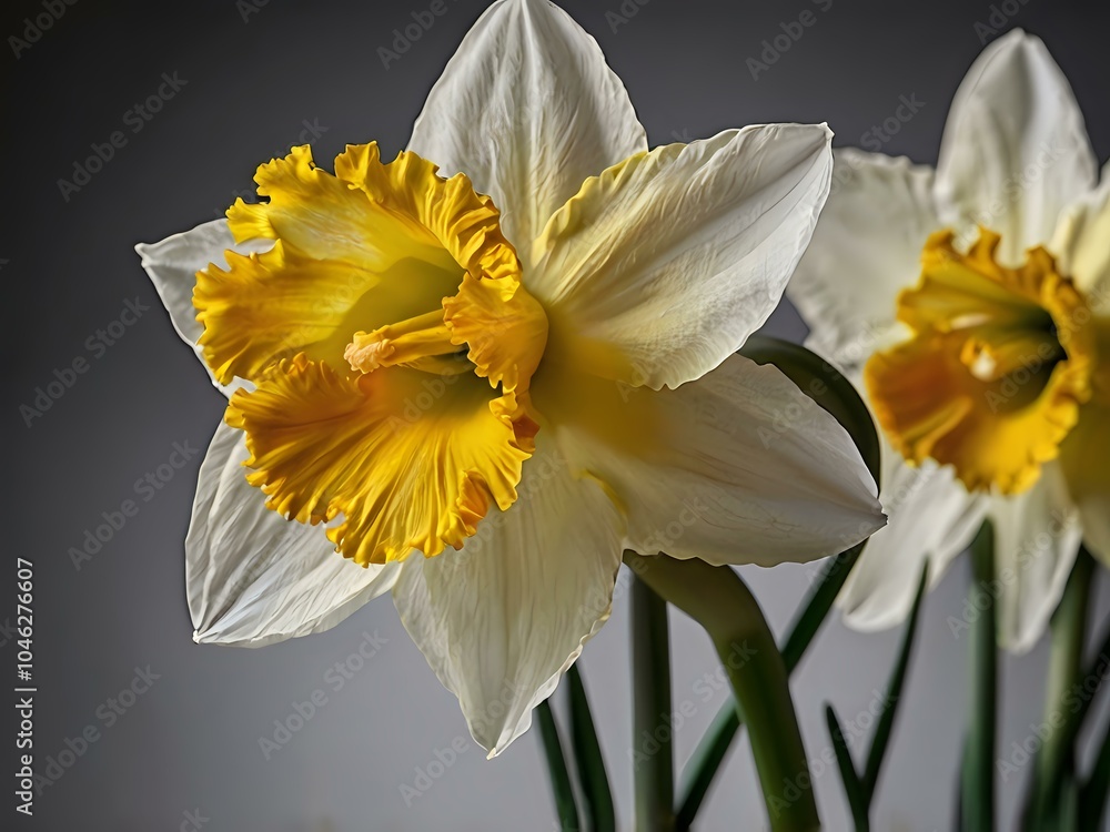 Fototapeta premium close up photo of white and yellow narcissus or daffodil flowers in a flower garden