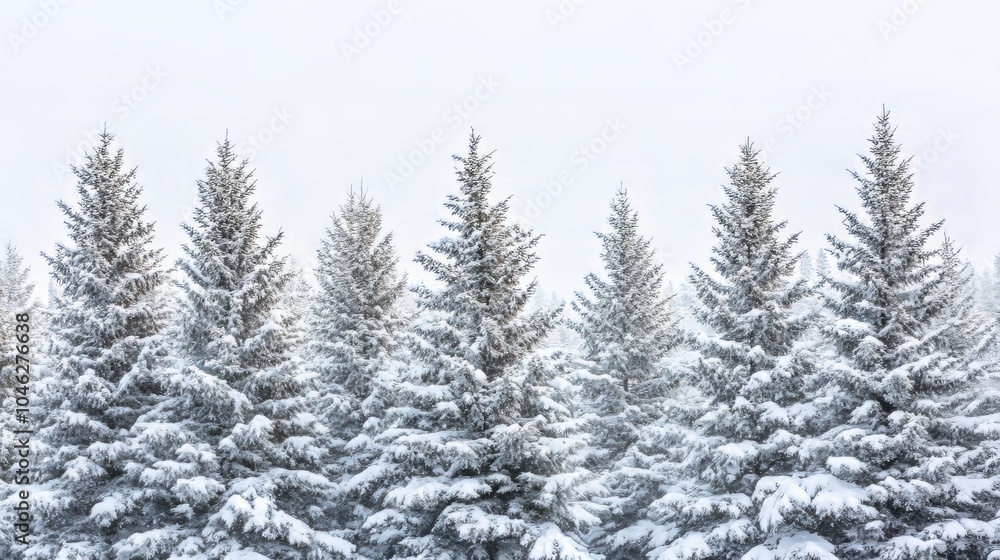 Obraz premium Pine tree covered snow on white sky