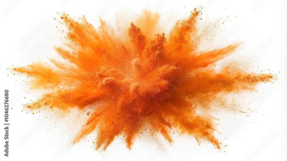 Orange powder explosion effect on white background silhouette Orange powder explosion effect on white background silhouette