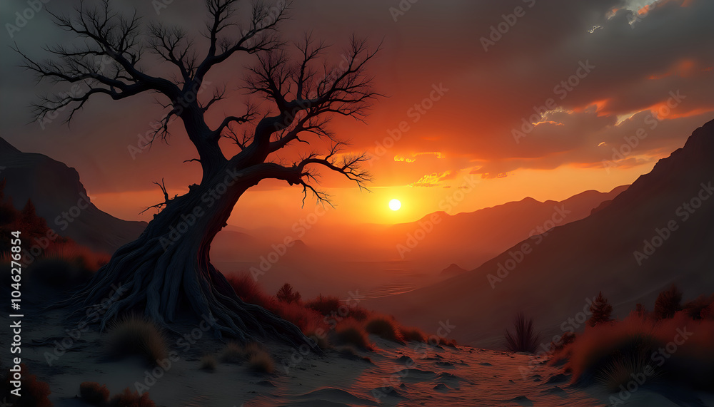 Fototapeta premium Lonely tree in a desert at sunset