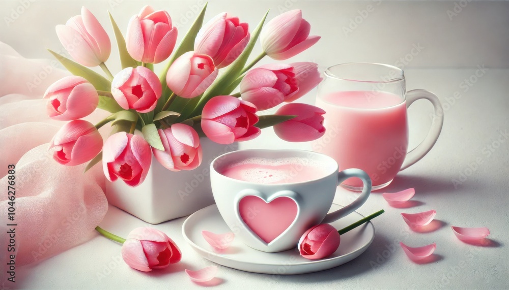 Heart shaped cup with pink drink, surrounded by pink tulips in a vase and petals on a white surface. Heart shaped cup with pink drink, surrounded by pink tulips in a vase and petals on a white surface.