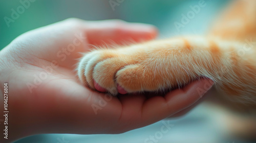 World Animal Day concept,The warm afternoon light highlights a hand gently holding paw of a content orange tabby cat,creating a moment of connection and love,copy space