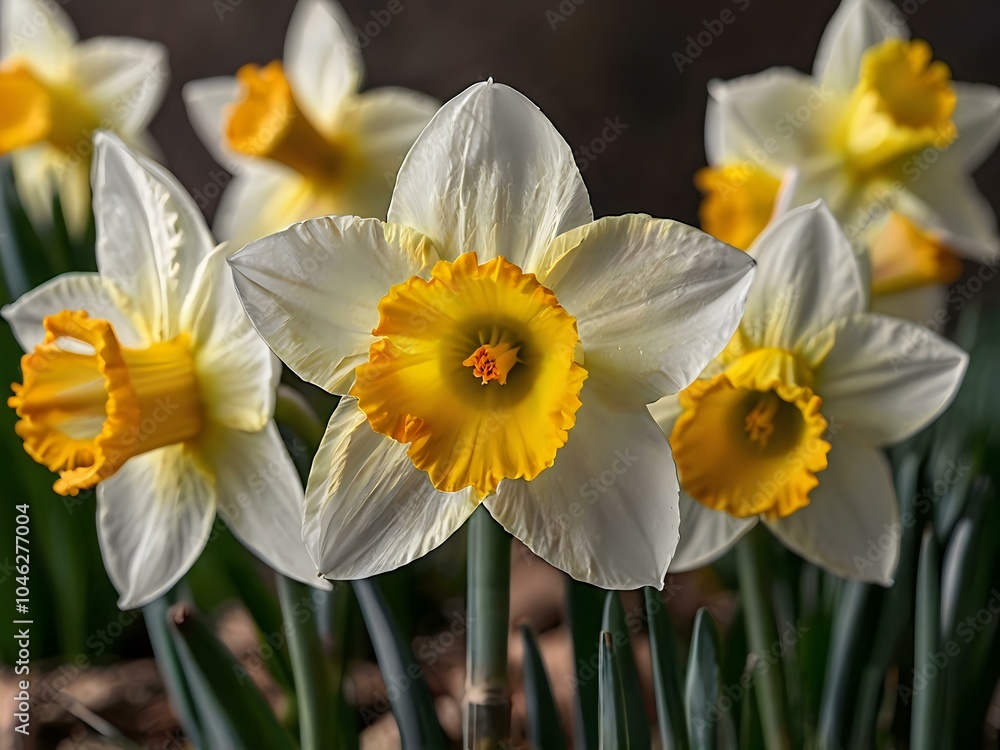 close up photo of white and yellow narcissus or daffodil flowers in a flower garden close up photo of white and yellow narcissus or daffodil flowers in a flower garden