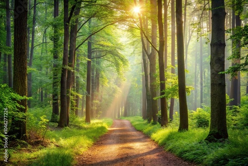 peaceful path through soft-covered forest in the morning